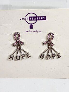 Just Jewelry Pink Rhinestone Cancer Ribbon Stud HOPE Ear Jacket Earrings